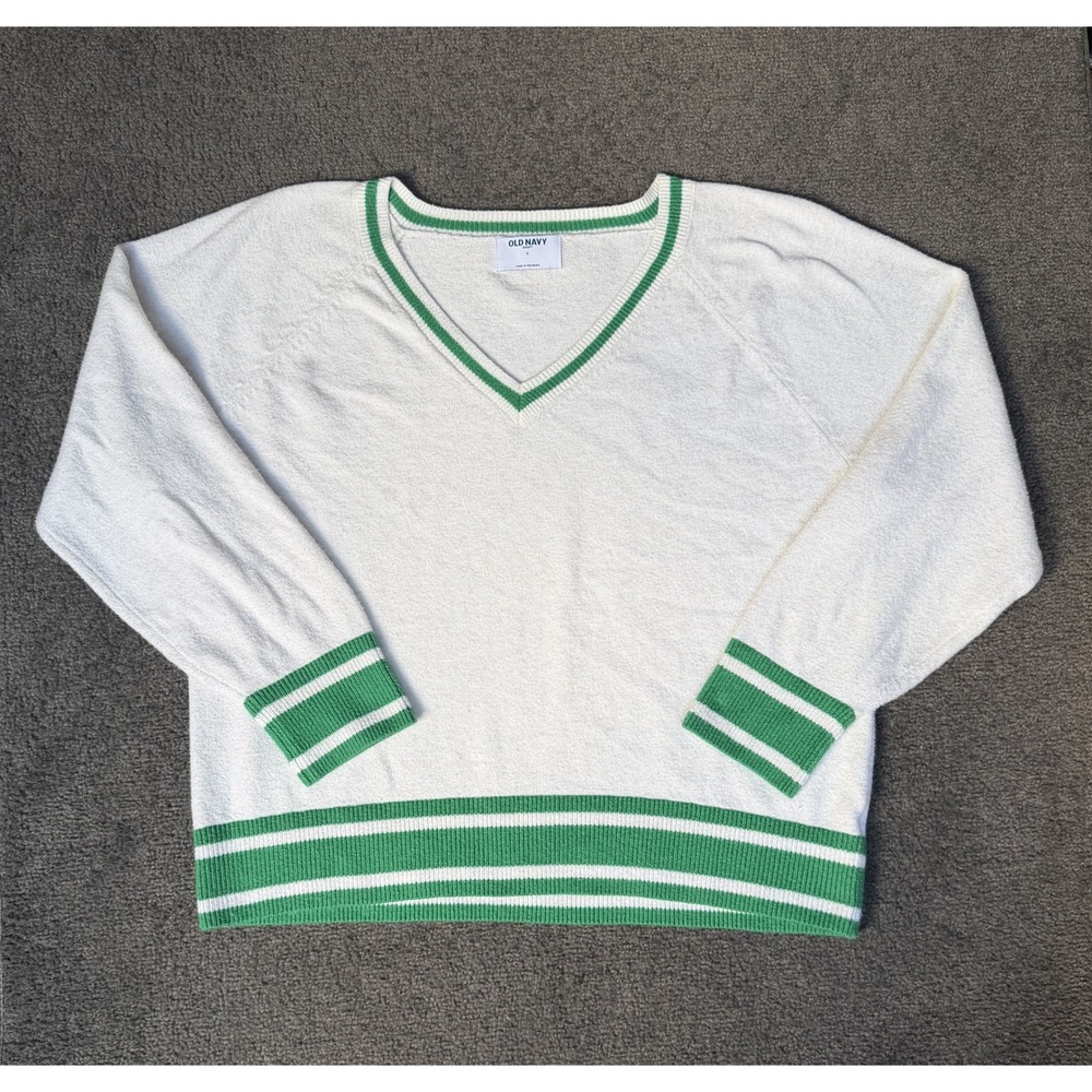Old Navy SoSoft V-Neck Varsity Stripe Sweater White Green Large Raglan Sleeve